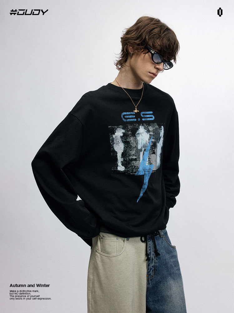 # OVDY 260g double yarn autumn and winter New long sleeve street letters printed casual small turtleneck drop shoulder long T-shirt tide