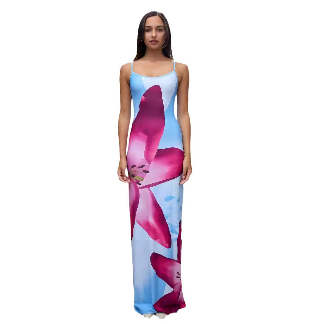 Foreign trade boutique summer sexy suspender skirt digital printing slim high waist sheath fashion beach travel dress