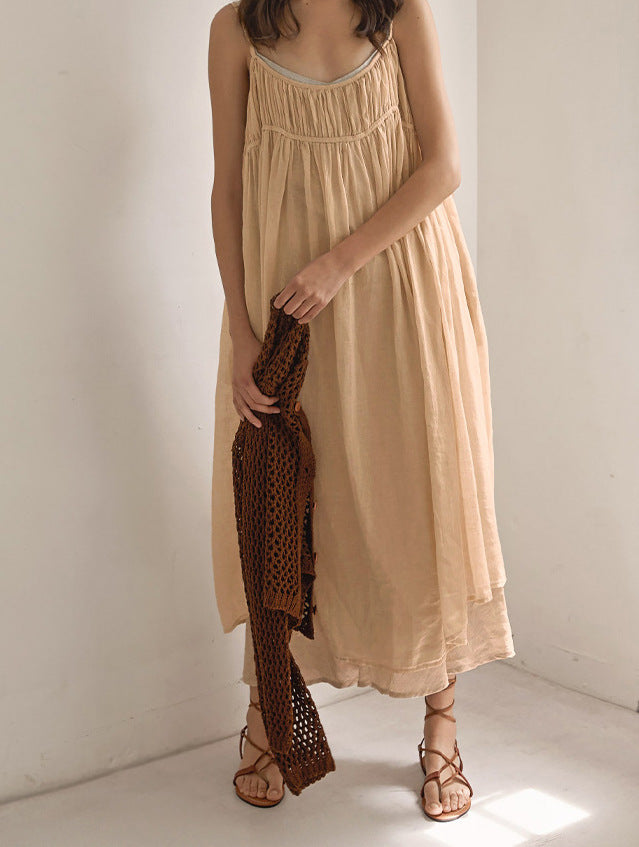 French strap dress 2025 Spring New lazy wind pleated niche design backless long dress women's clothing