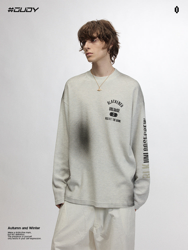 # OVDY autumn and winter New street fashion long-sleeved T-shirt 250g Walf checks fabric non-specification inkjet top fashion