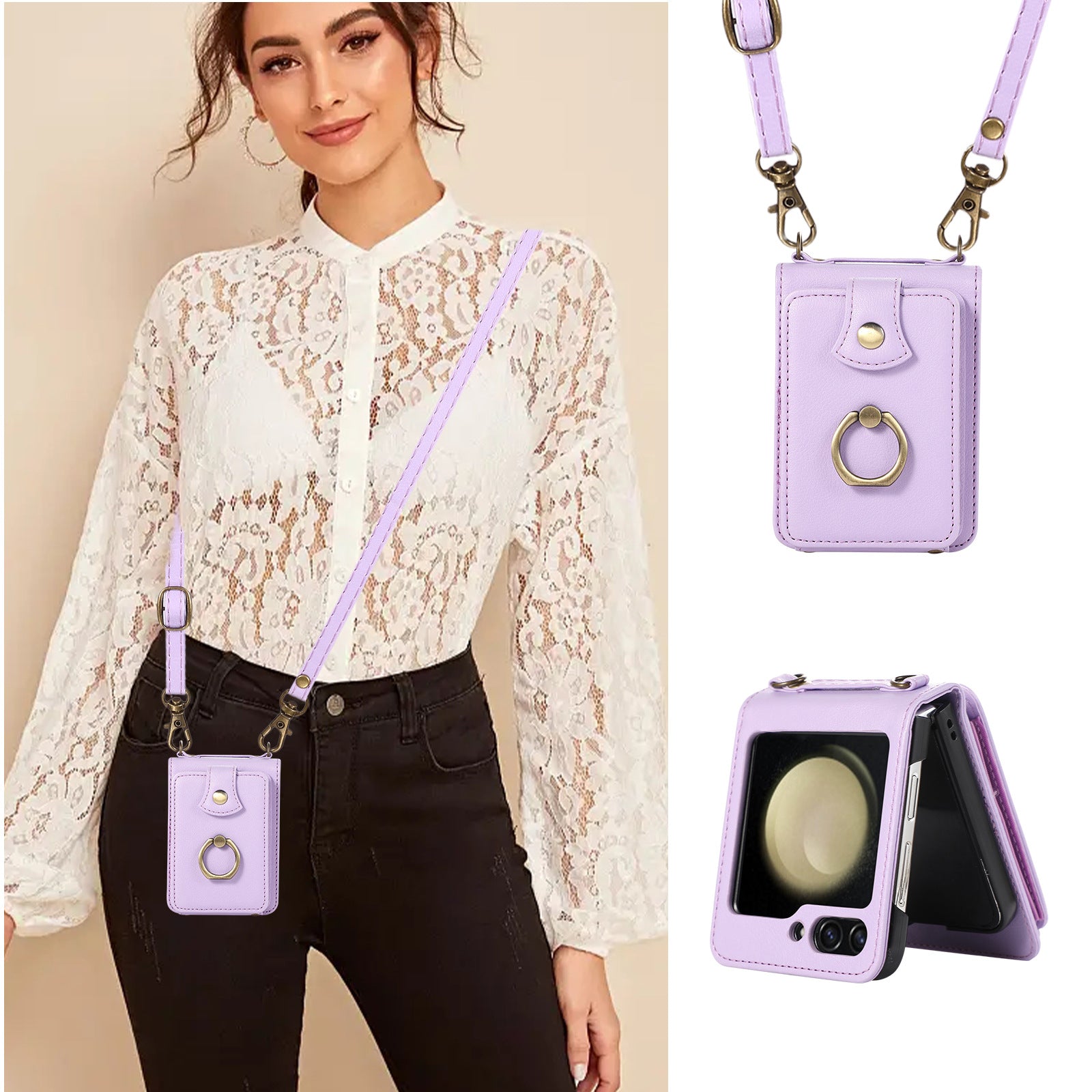 Applicable to Z FLIP5 crossbody expanding card holder foldable screen Z flip6 leather case with fastened ring anti-theft swiping function