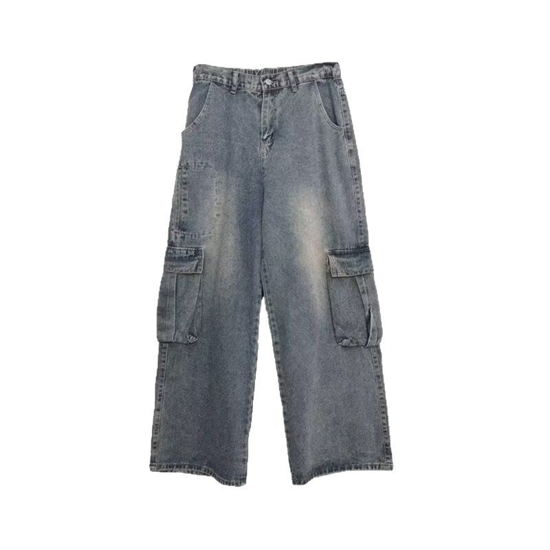 American retro washed jeans spring and autumn distressed men and women lovers wild High Street multi-pocket drape Leisure Cargo