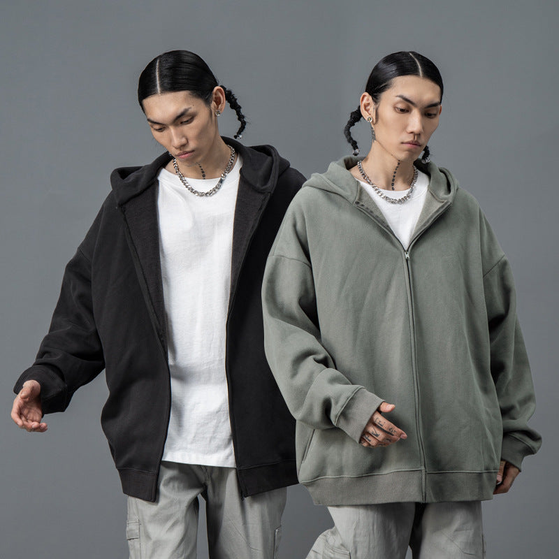 # OVDY men's clothing autumn and winter fleece-lined fashion brand loose casual men's Hooded Zipper Sweatshirt coat thickened warm