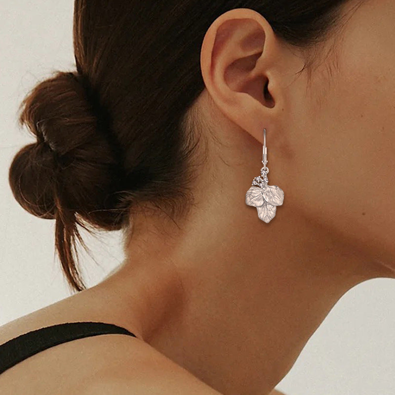 Retro distressed leaf-shaped earring S925 silver female zircon ear hook ear rings foreign trade cross-border jewelry silver accessories processing