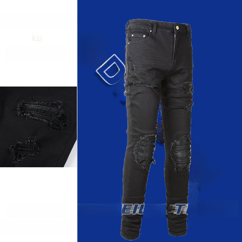 Foreign trade Men's European and American simple black patch jeans men's ripped jeans men's simple slim fit skinny pants