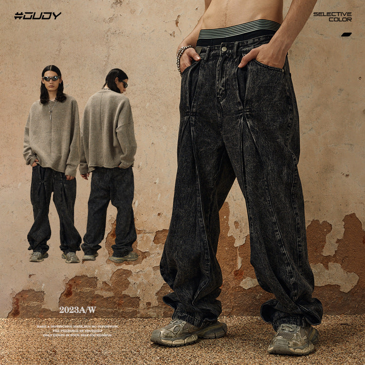 # OVDY autumn and winter new jeans folding pleated design snowflake washing craft street fashion loose trousers