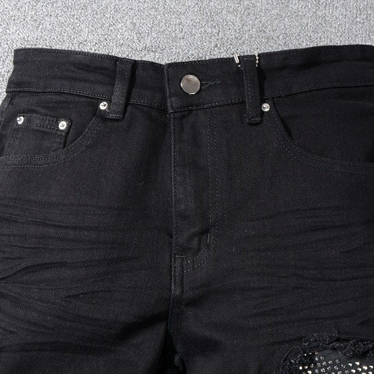 565 new AMIRI Black High Street ripped jeans men patch elastic slim fit slimming high street jeans