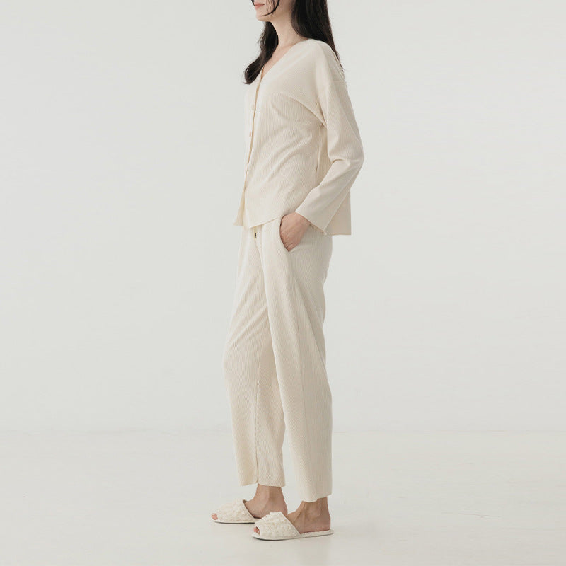 Thread pajamas two-piece set high-grade V-neck single breasted long-sleeved top elastic tied elastic waist wide-leg pants