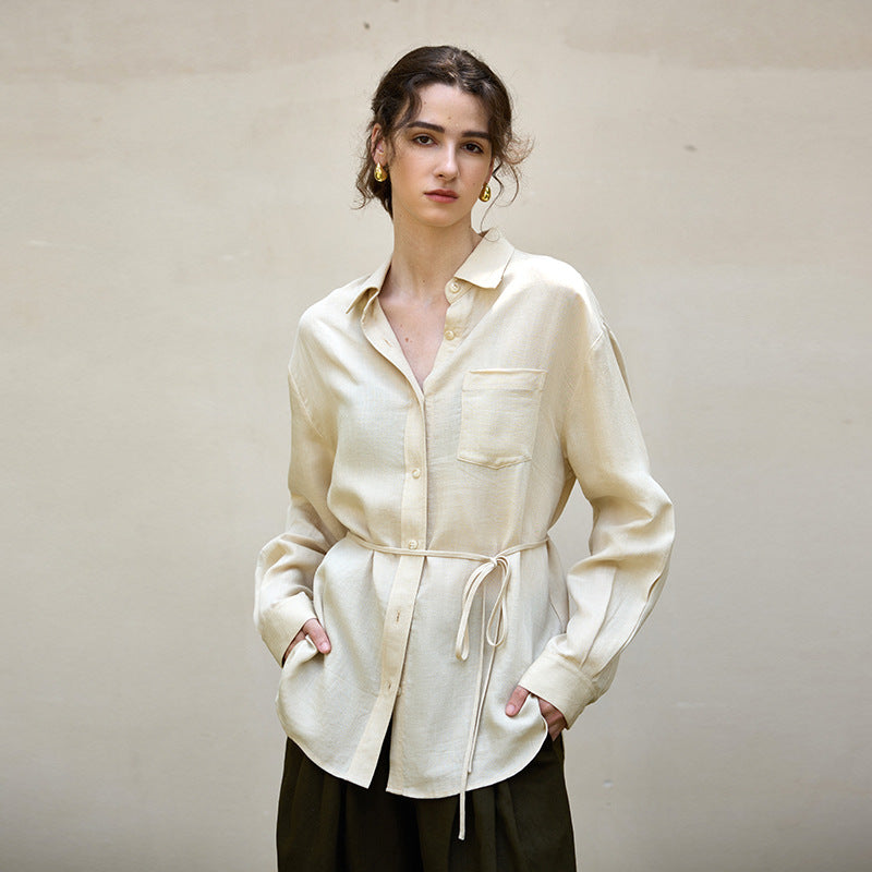 Tencel linen natural texture long-sleeved women's shirt coat autumn and winter French style temperament wind waist belt linen shirt