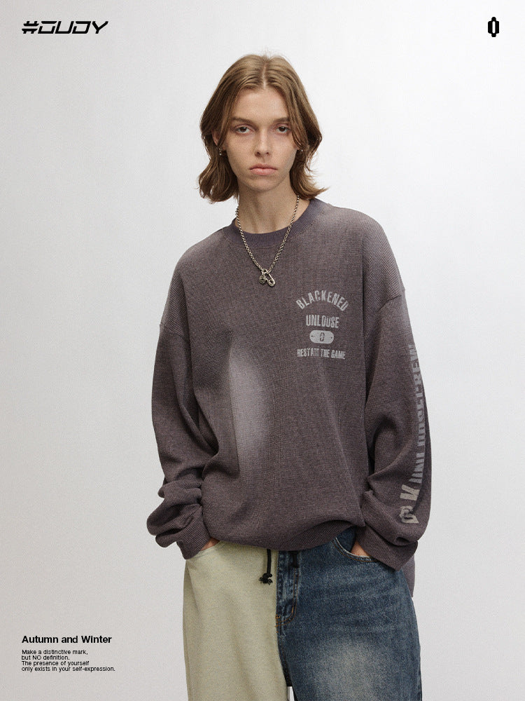 # OVDY autumn and winter New street fashion long-sleeved T-shirt 250g Walf checks fabric non-specification inkjet top fashion