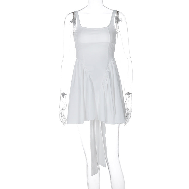 Europe and America cross border spring new solid color sexy backless stitching lace up short girly style ruffled dress women