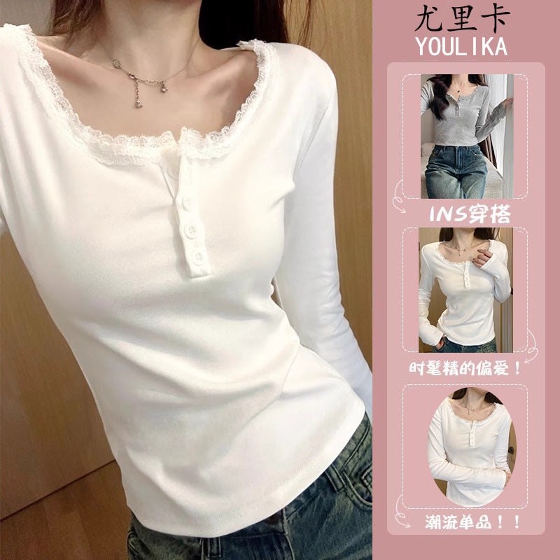 American-style lace lace shoulder long-sleeved T-shirt women's early autumn new square collar inner match slimming top bottoming shirt