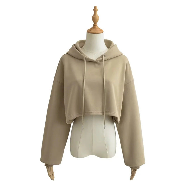 American-style retro hooded drawstring long-sleeved sweater Women's Spring and Autumn street style hot girl super short navel Jazz Dance Top
