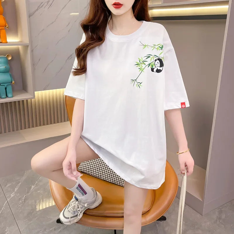Fashion casual extra large size heavy industry panda bamboo embroidered cotton shoulder half sleeve summer round neck loose national style trendy T-shirt