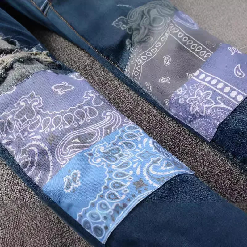 Fashion brand men's jeans slim fit hole & patch men's jeans American high street stretch men skinny pants 832