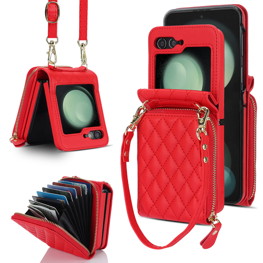Applicable to Z FLIP5 classic style diamond grid zipper bag veneer shell oblique expanding card holder findn2flip phone case