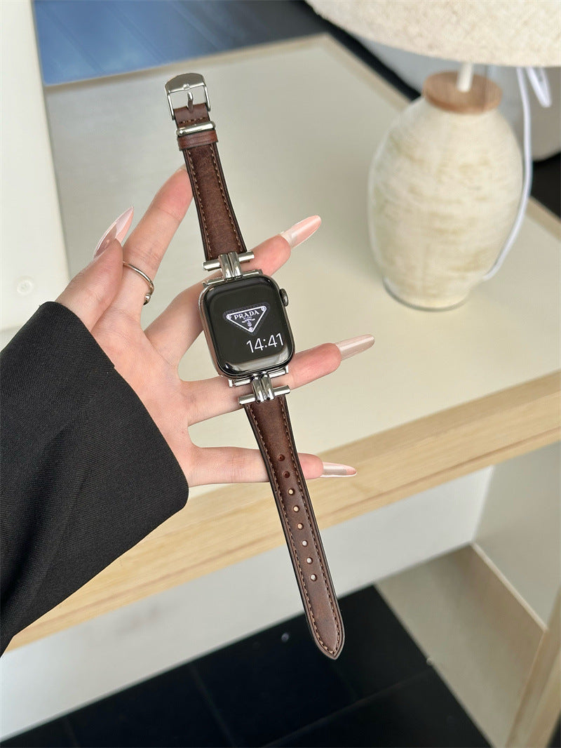 iwatch9 strap high sense genuine leather retro suitable for Apple Watch S10875se generation ultra autumn and winter leather