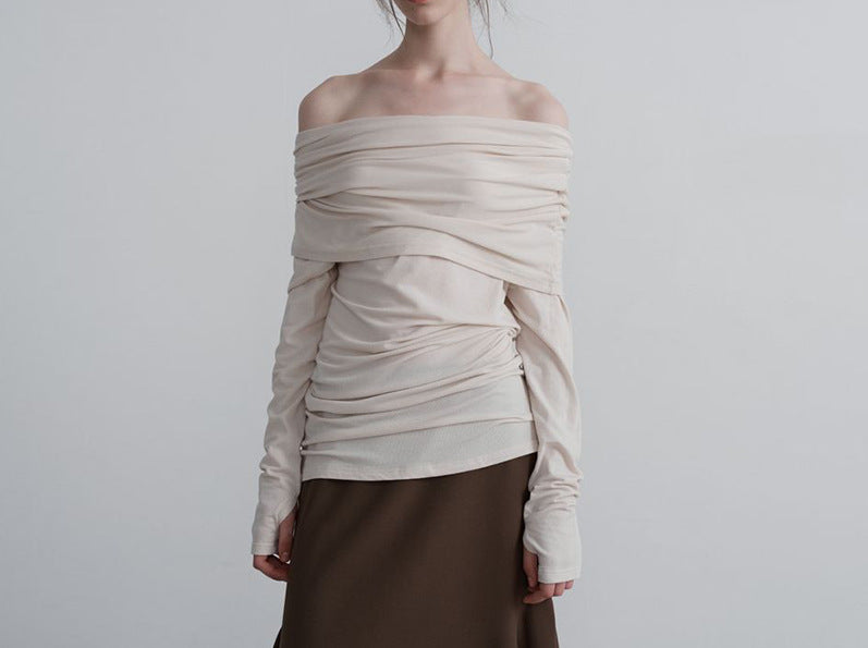 French sexy top long sleeve off-shoulder T-shirt fall slim fit slimming sense of design niche shoulder-baring sweater