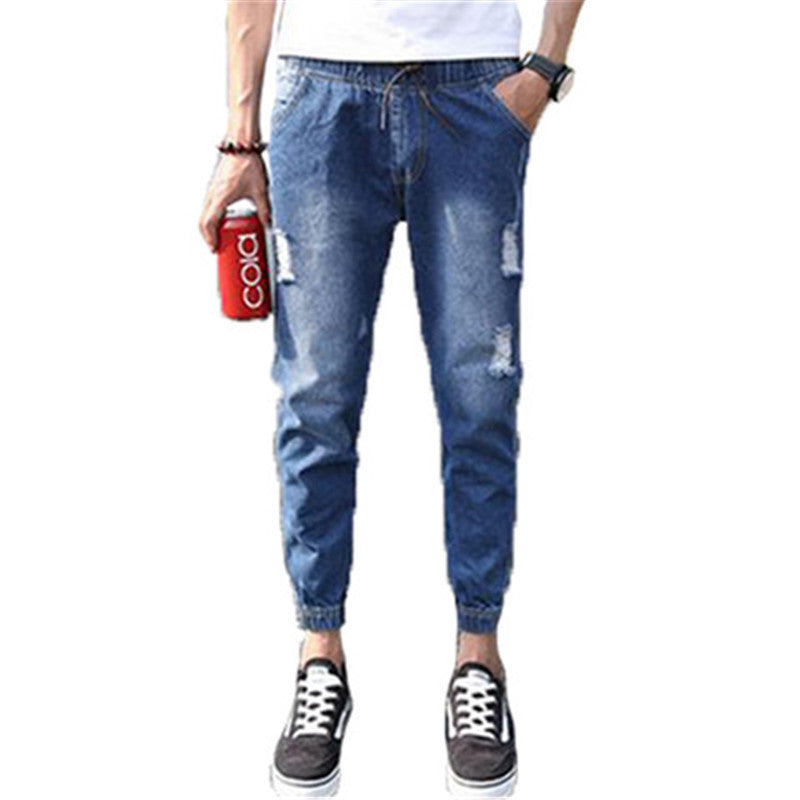 Men's jeans ankle-tied harem pants youth loose jeans autumn and winter elastic waist stretch skinny jeans