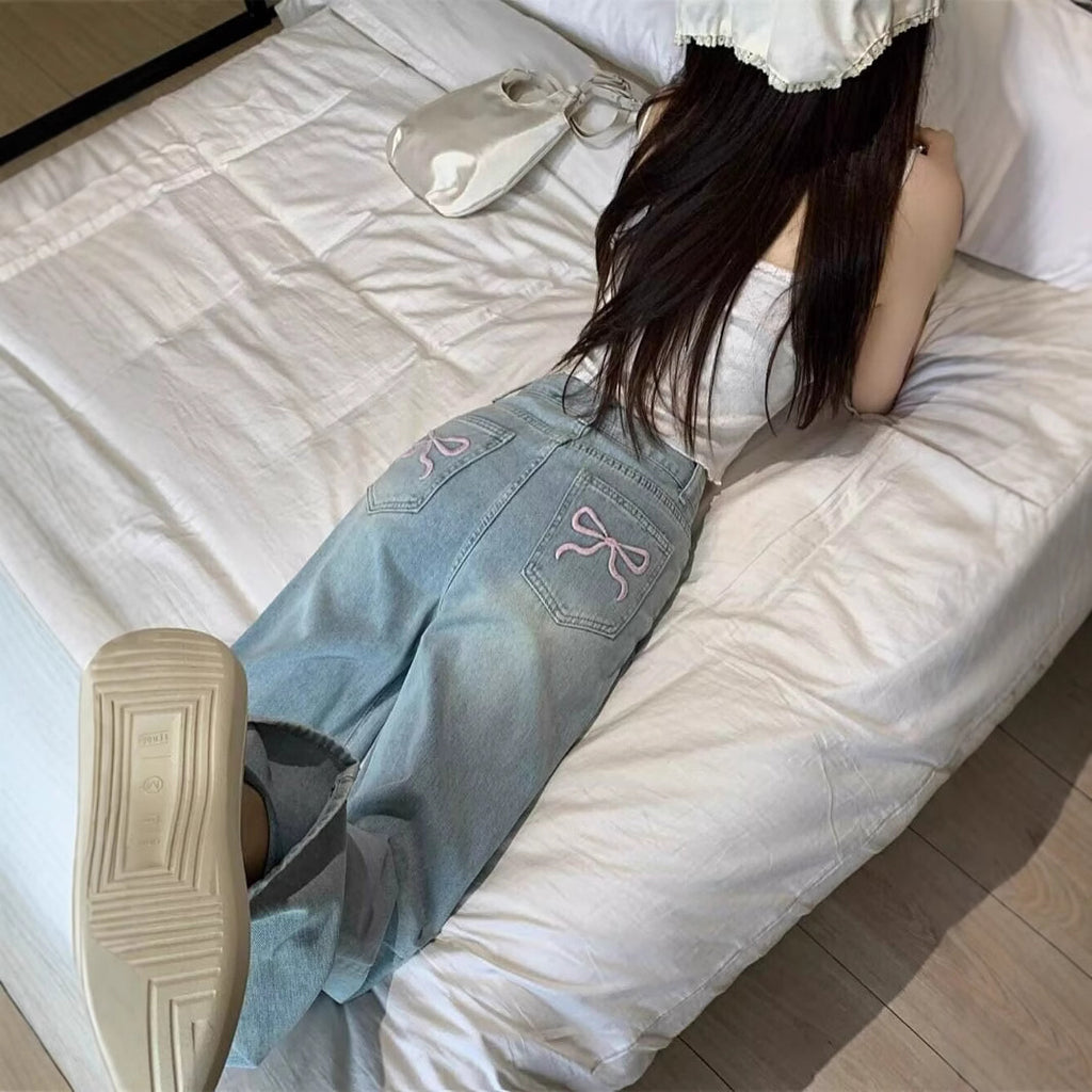 Bowknot embroidered wide-leg jeans for women 2025 Spring/Summer New High waist slimming high-rise all-matching straight pants