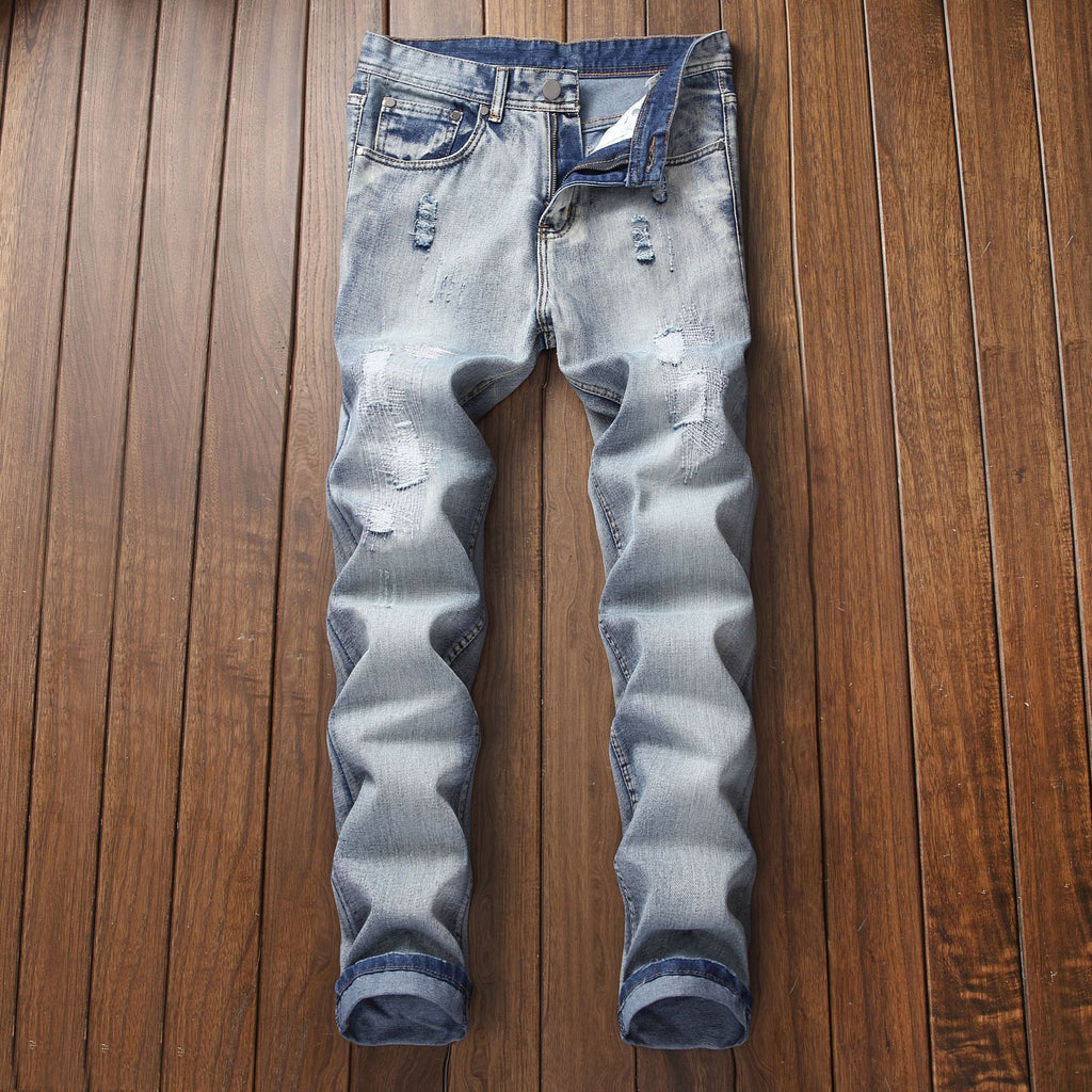 European and American Foreign Trade men's jeans light blue ripped matte white slim-fit straight jeans men's Denim 970