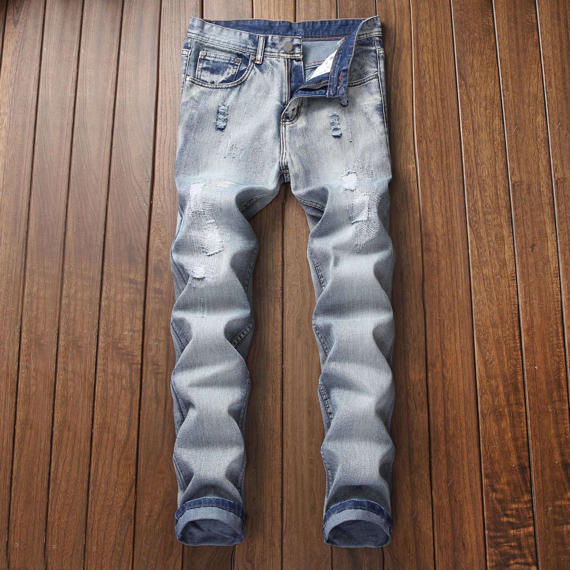 European and American Foreign Trade men's jeans light blue ripped matte white slim-fit straight jeans men's Denim 970