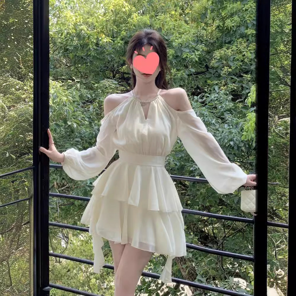 Original quality Bali early autumn halter dress slimming fairy ruffled chiffon yarn holiday beach dress
