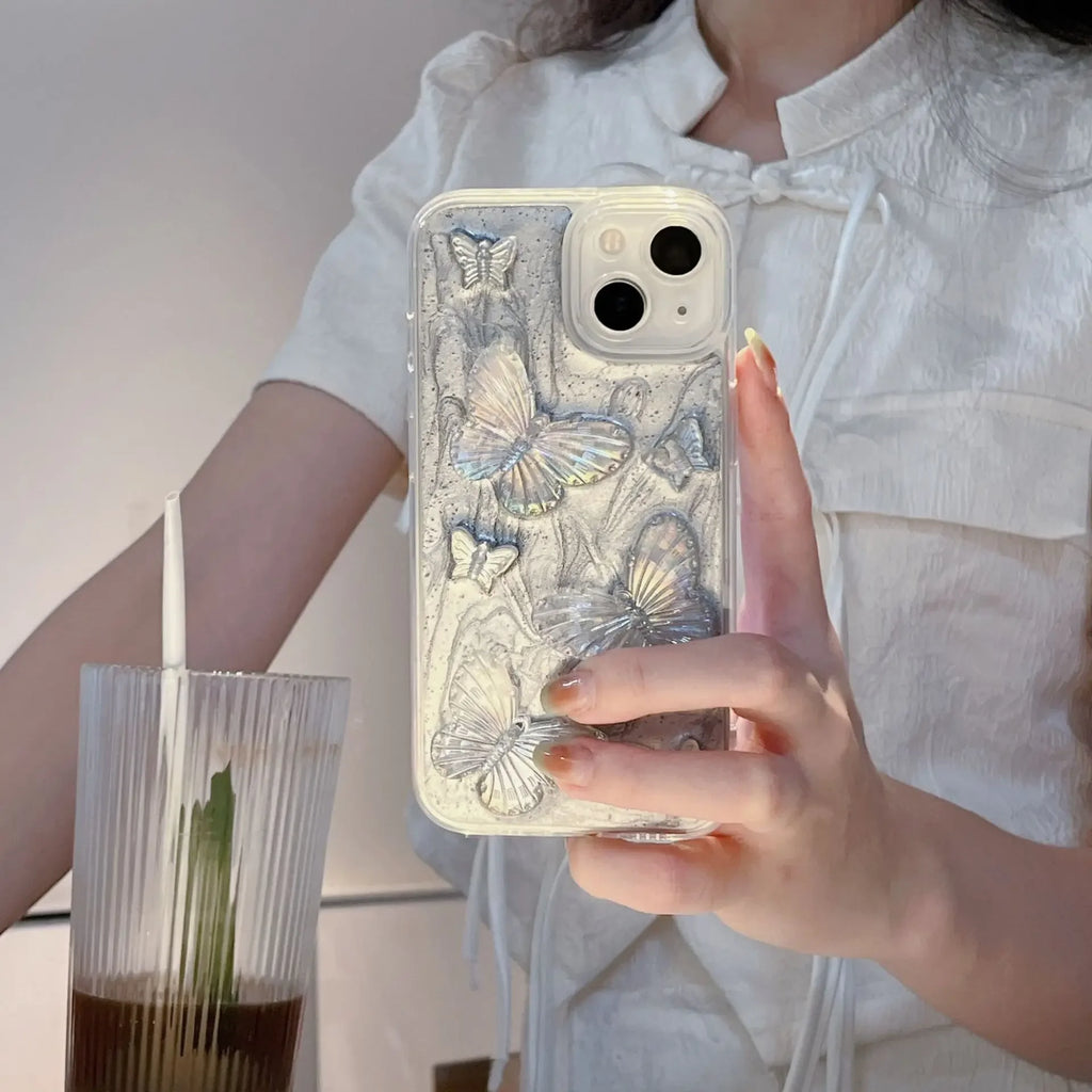 New epoxy for Apple 16 phone case girl iPhone15 silver gray butterfly drop-resistant protective cover creative XR