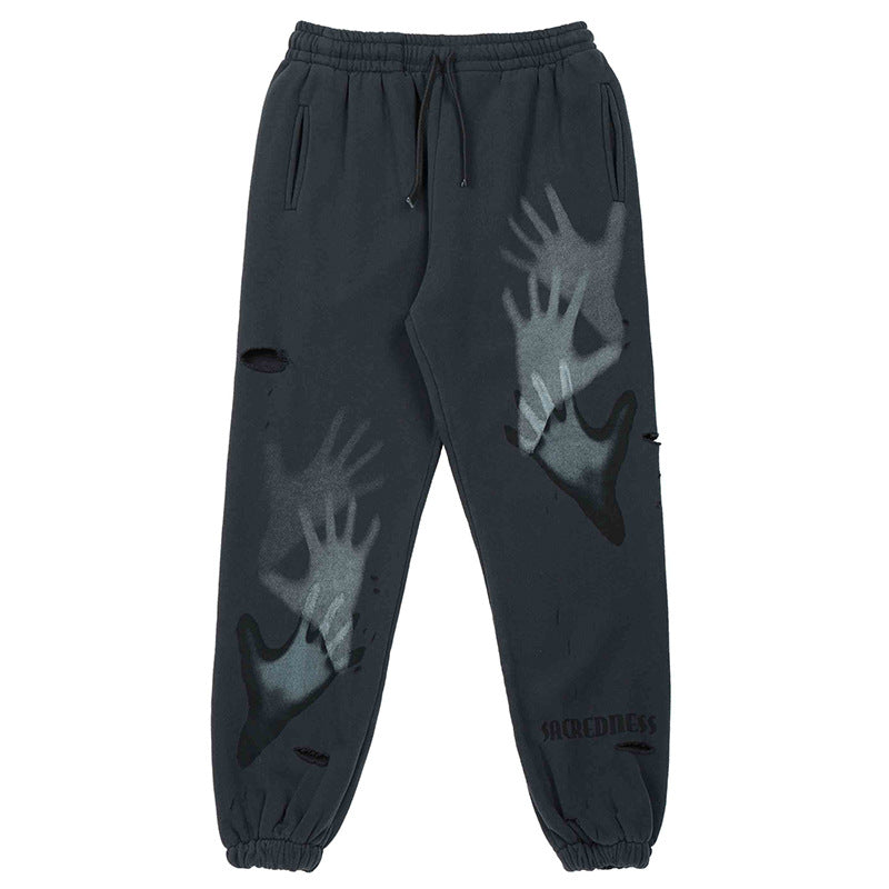 # OVDY autumn and winter new fashion brand vintage fleece-lined elastic ankle-tied ripped versatile men's knitted sweatpants