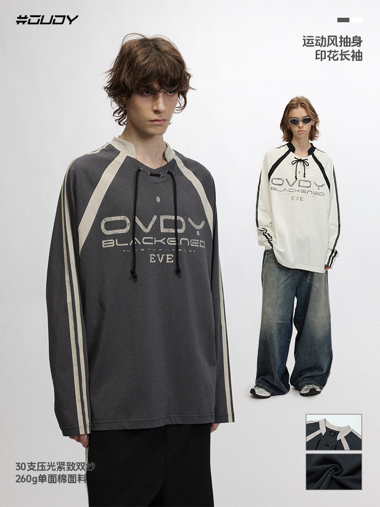 # OVDY 260g heavy contrast color raglan sleeve long sleeve T-shirt autumn and winter New Football collar bottoming shirt top