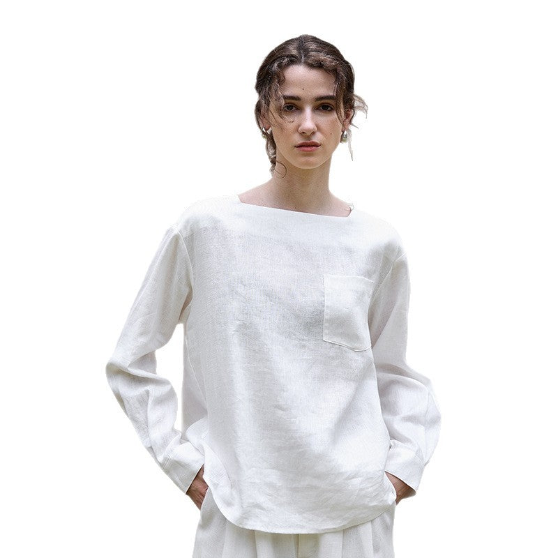 Old Qian style pure linen off-neck long-sleeve women's top 25 autumn and winter loose slimming back buckle design shirt top