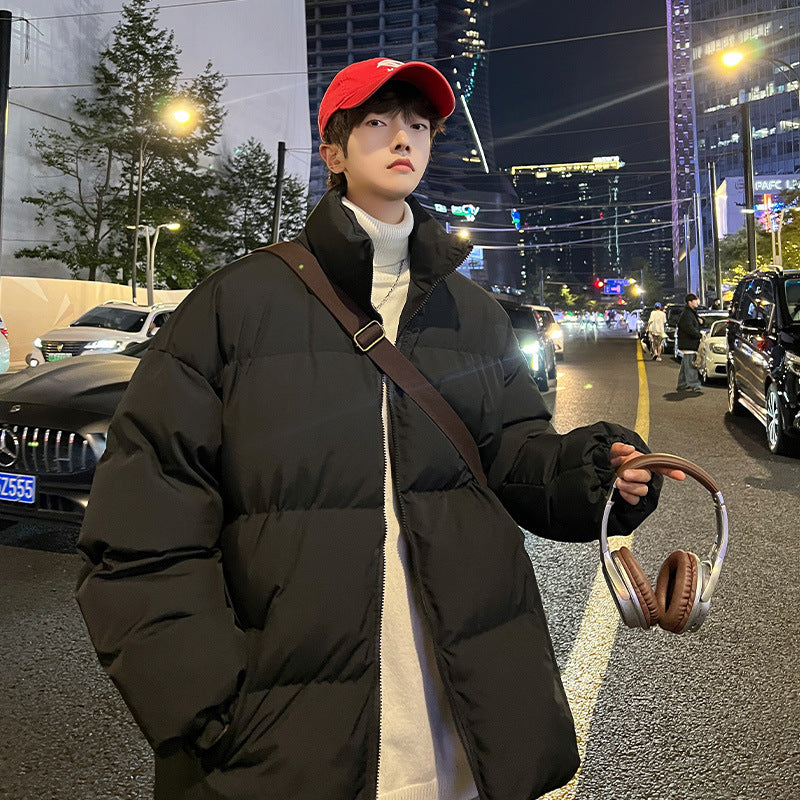 High collar cotton coat with solid color men's winter thickened fashion brand plus size loose overweight man stand-up collar cotton-padded coat bread coat cotton-padded jacket outside
