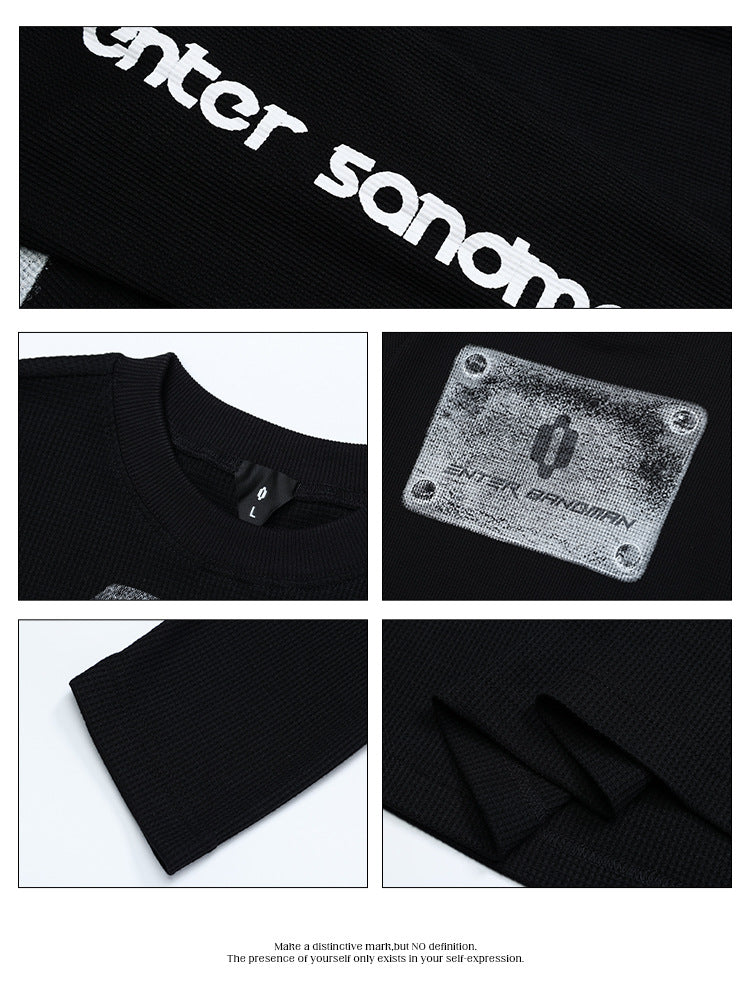 # OVDY autumn and winter New 250g contrast color stitching long sleeve T-shirt waffle small round neck top long sleeve fashion brand