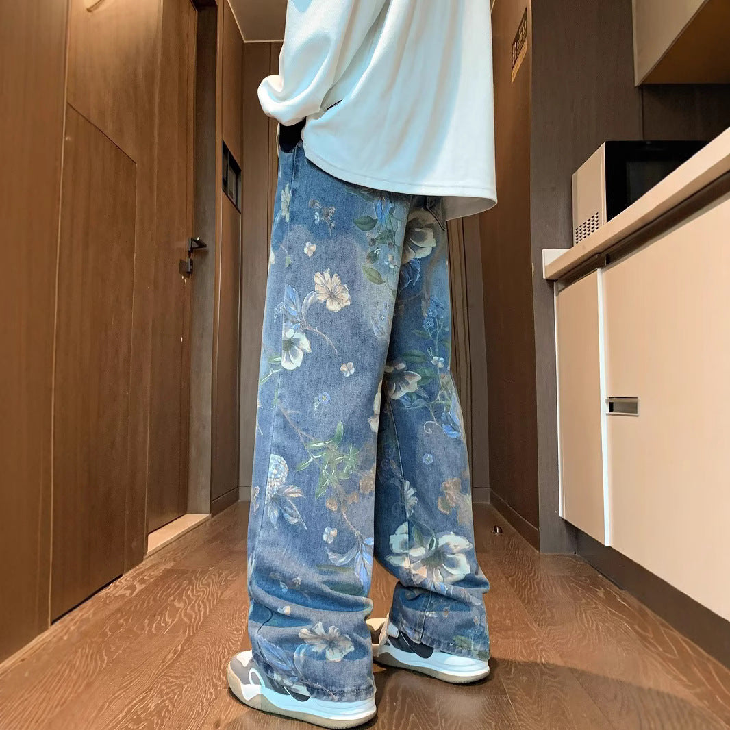 Cross-border autumn floral printed men's jeans vintage denim pants hip hop fashion wide leg loose jeans