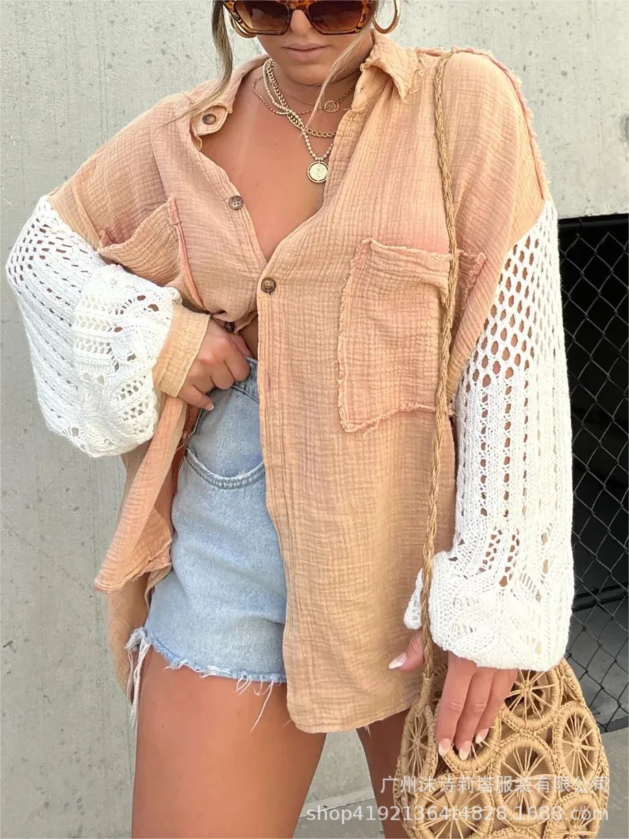 New Crepe Long Sleeve Blouse with Lace Trim for Women |tops