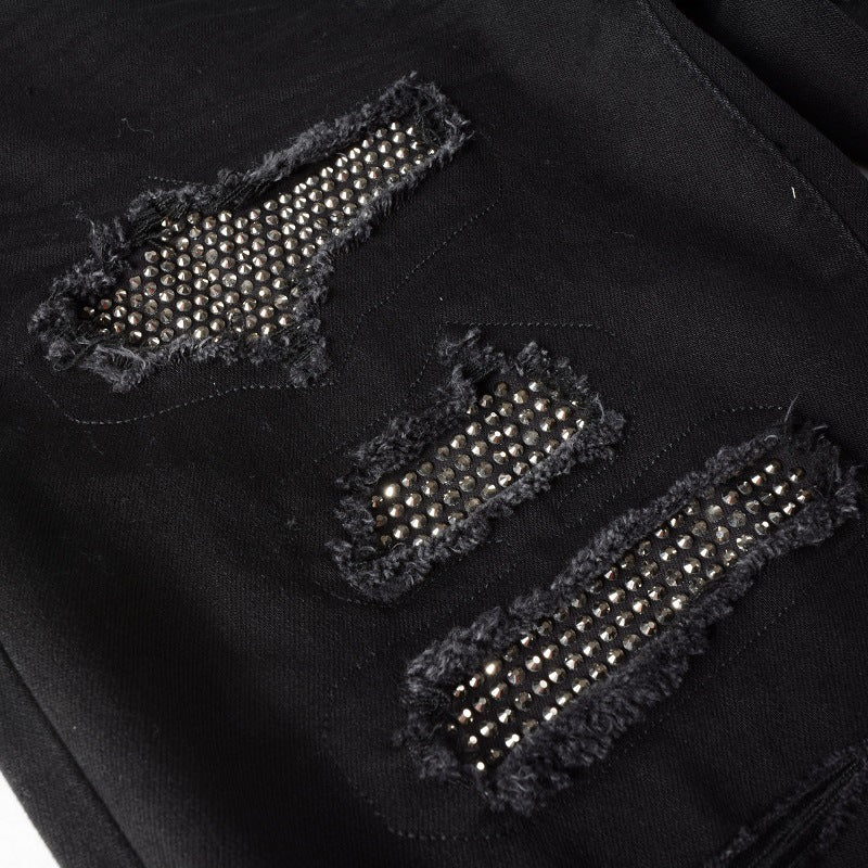 High street cross-border men's jeans men's black ripped stick-on crystals stretch jeans Men's Youth Men's tapered trousers