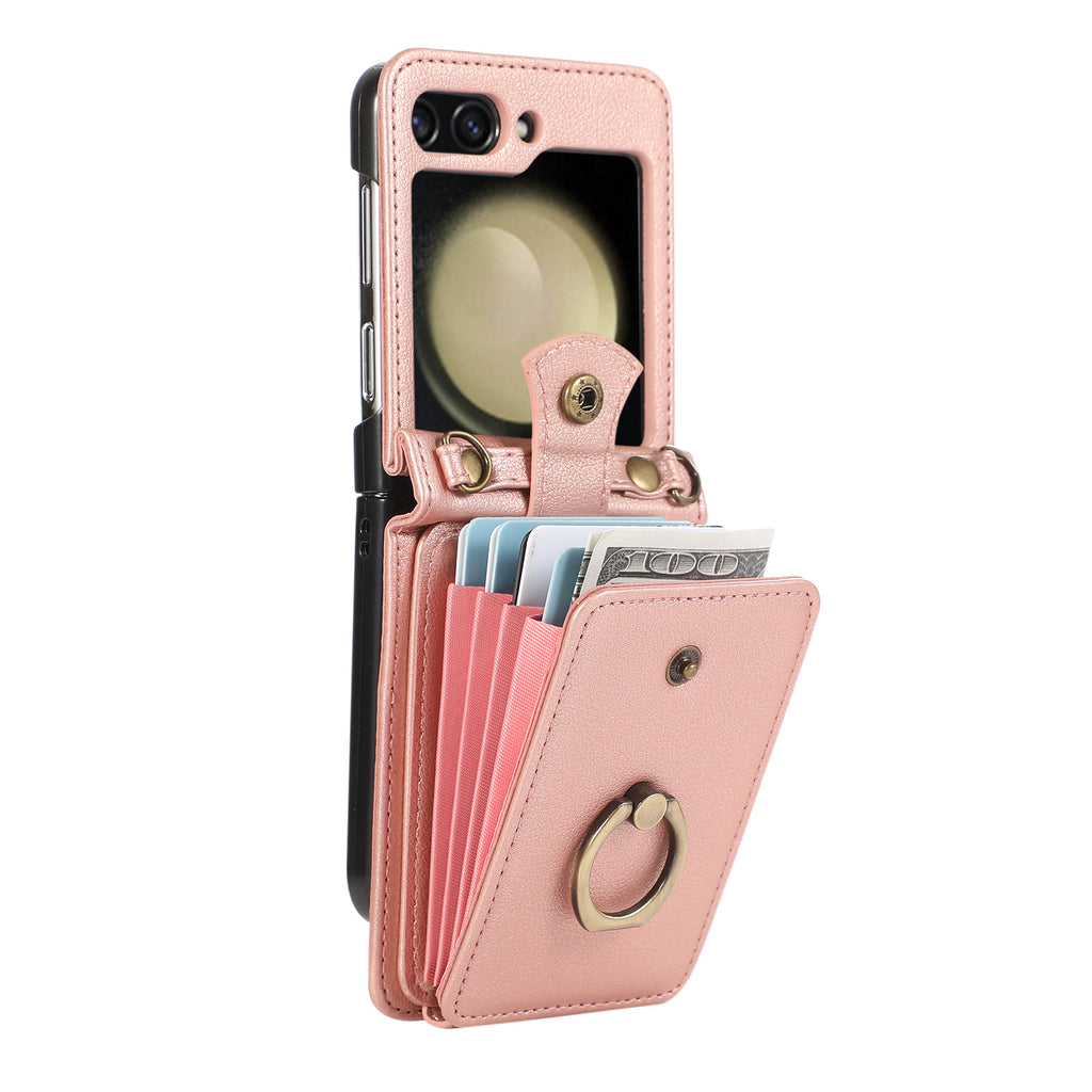 Applicable to Z FLIP5 crossbody expanding card holder foldable screen Z flip6 leather case with fastened ring anti-theft swiping function