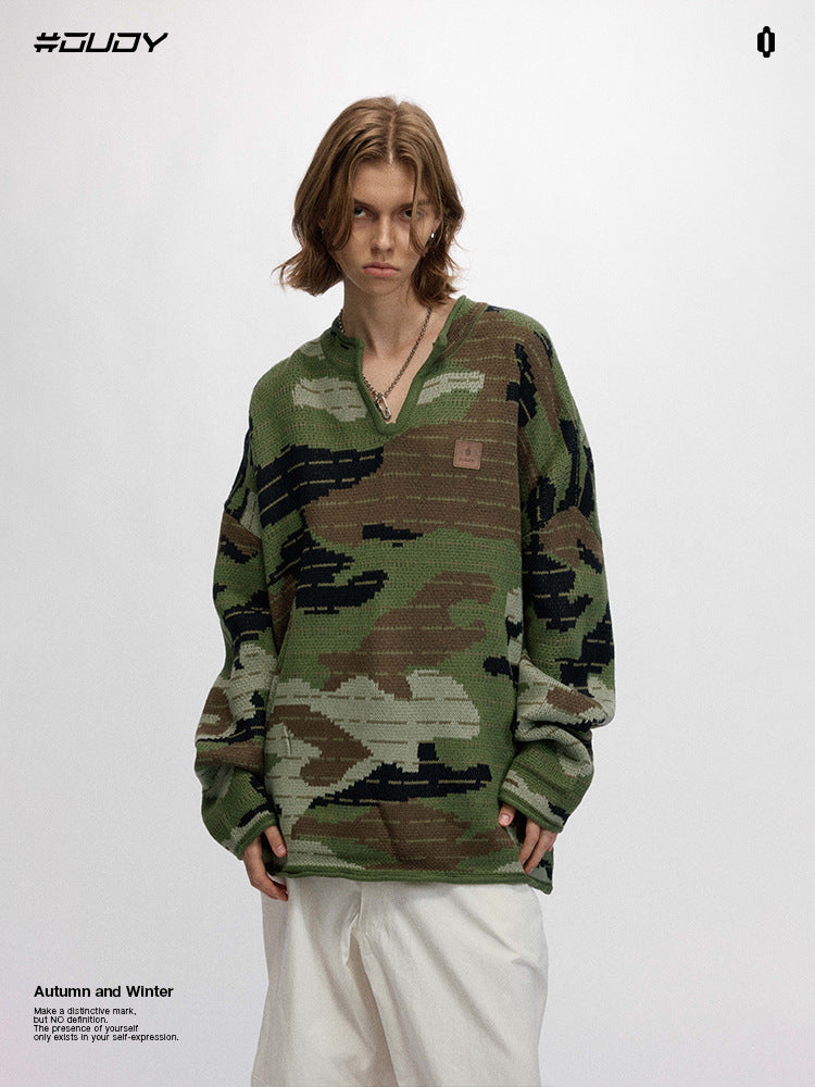 # OVDY autumn and winter warm sweater Computer Jacquard techniques small V-neck camouflage sweater outerwear for men and women