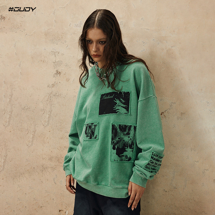 # OVDY autumn and winter new men's and women's tops patch letter Terry simple loose shoulder ins sweater for men