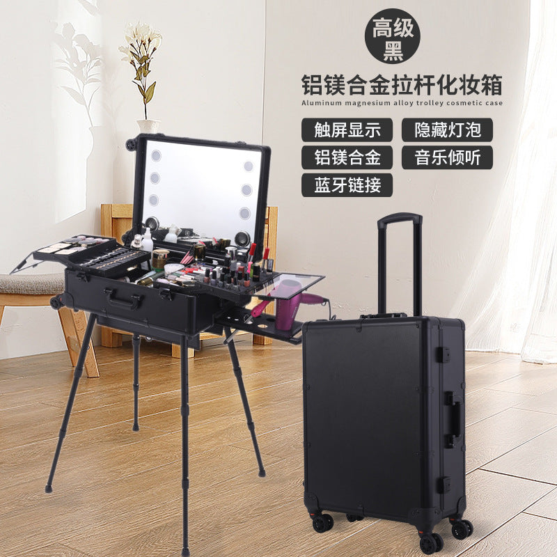Aluminum Alloy trolley cosmetic case with lamp multi-functional tattoo beauty Bluetooth trolley case makeup artist toolbox