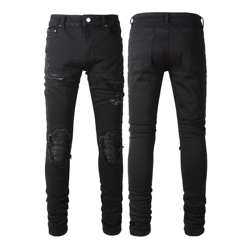 Foreign trade Men's European and American simple black patch jeans men's ripped jeans men's simple slim fit skinny pants