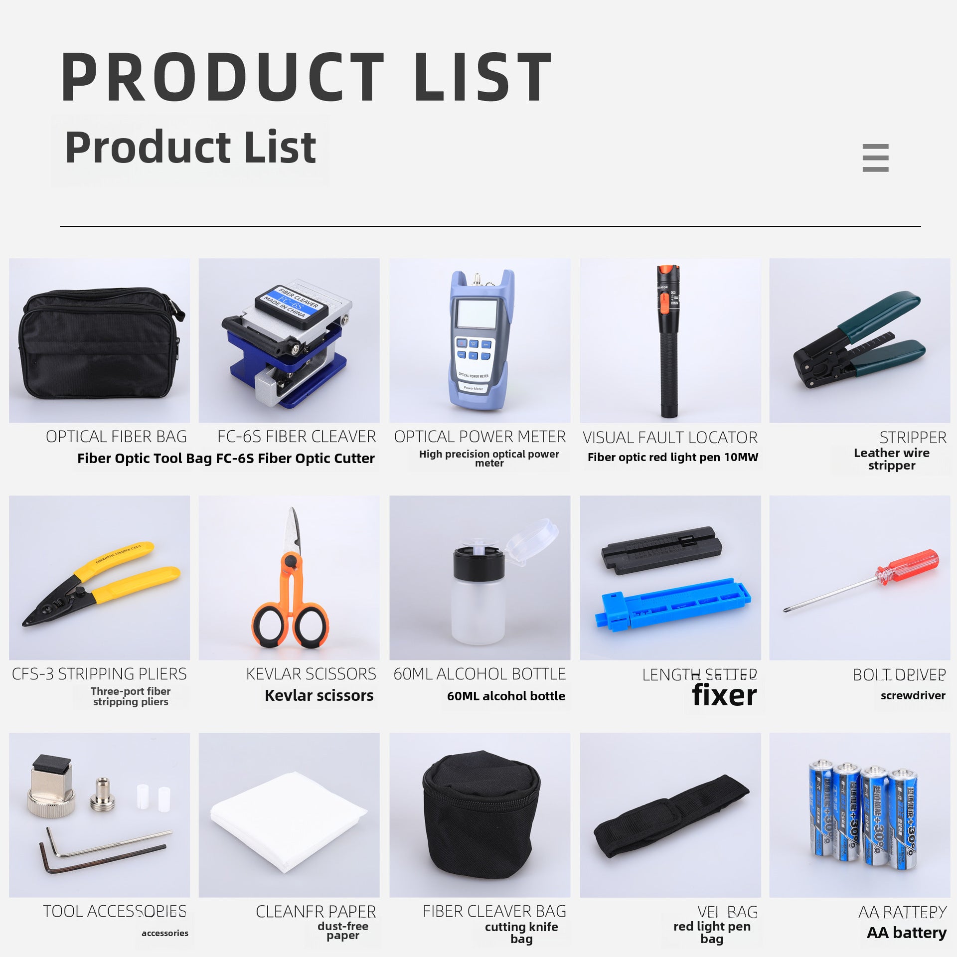Fiber optic cold connection suit tools package set fusion splicer toolbox optical power meter red laser pointer cutting knife Miller pliers
