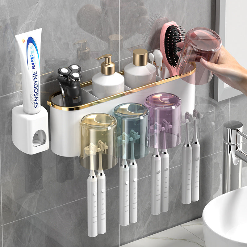 Cross-border toothbrush rack gargle Cup gold-plated toothbrush holder bathroom punch-free wall-mounted toothbrush storage rack suit