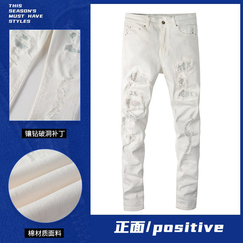 Cross-Border men's jeans White for men Diamond hole & patch High Street elastic slim-fitting men's clothing jeans men's pants