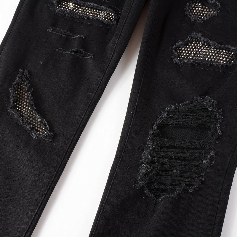 High street cross-border men's jeans men's black ripped stick-on crystals stretch jeans Men's Youth Men's tapered trousers
