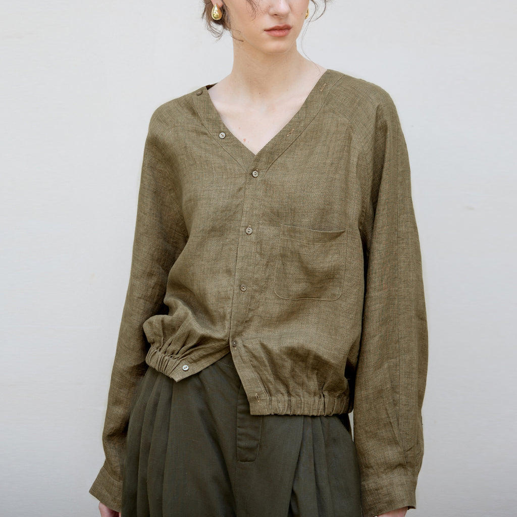 Autumn New all linen V-neck Raglan long-sleeved shirt yarn-dyed craft loose cocoon design old money style shirt