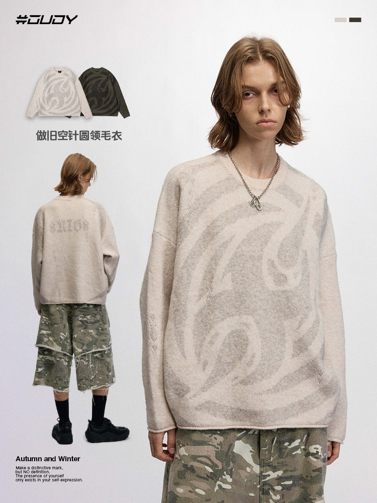 # OVDY autumn and winter American retro fashion brand distressed round neck couple soft glutinous knitted top heavy sweater men and women