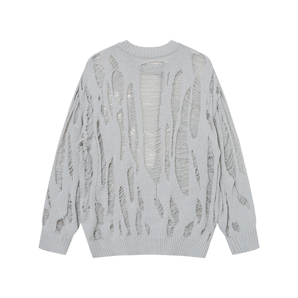 Heavy industry ripped crocheted round neck sweater men's spring and autumn fashion brand solid color loose and lazy style Micro transparent long sleeve sweater