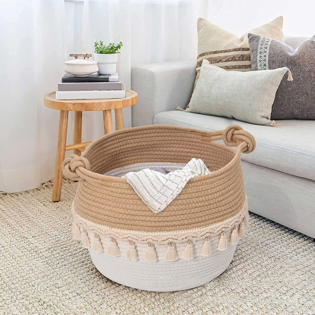 Cross-border supply cotton string woven storage basket foldable clothing storage basket with handle laundry basket basket decorative flower basket