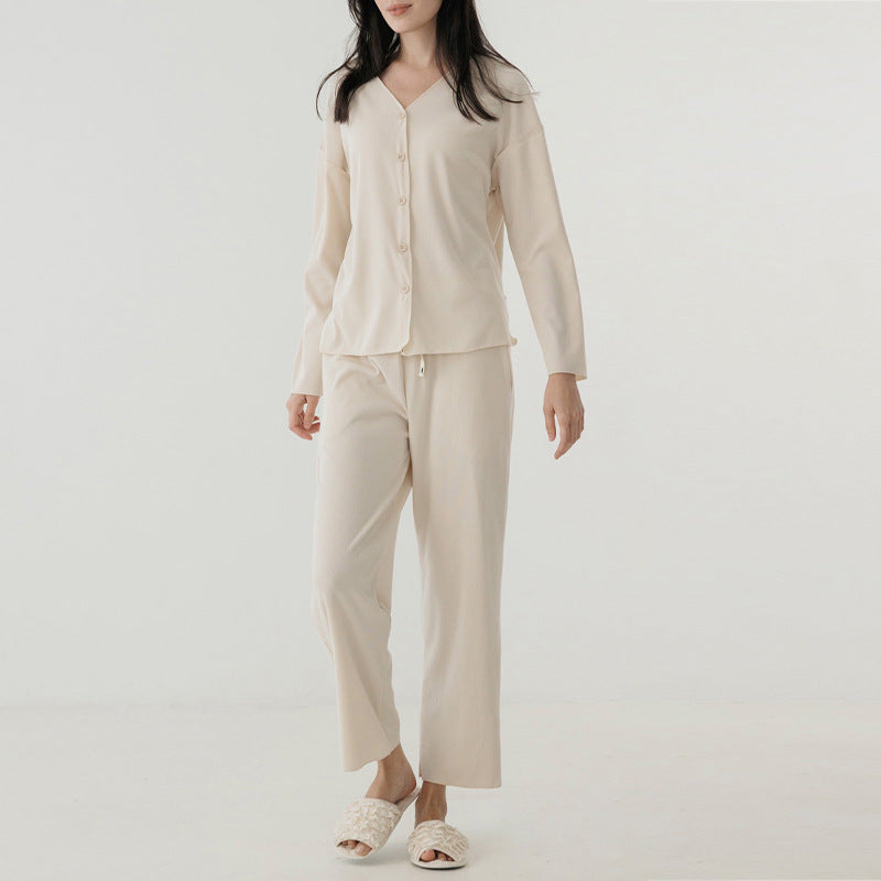 Thread pajamas two-piece set high-grade V-neck single breasted long-sleeved top elastic tied elastic waist wide-leg pants